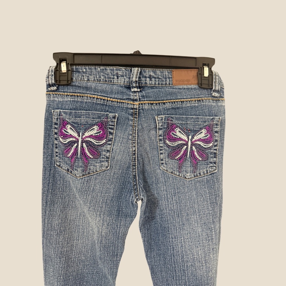 Vigoss Girls Y2k Vintage Blue Skinny Jeans Size 12 Butterfly Embroidered Pockets